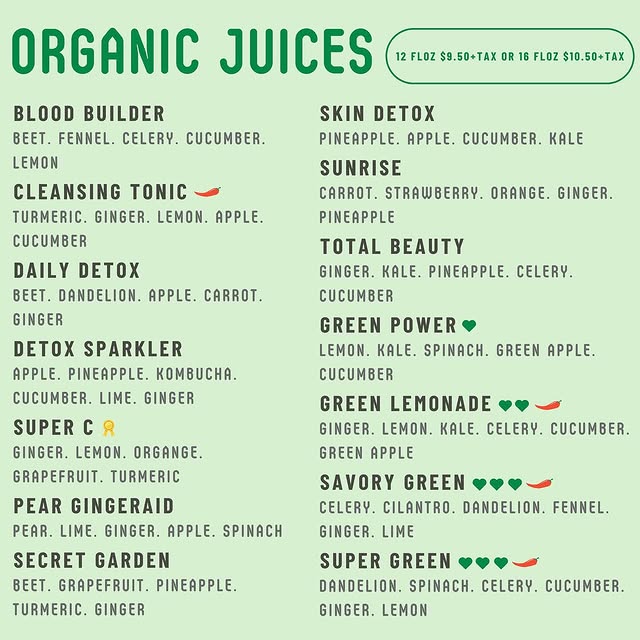 Fresh-pressed juice menu